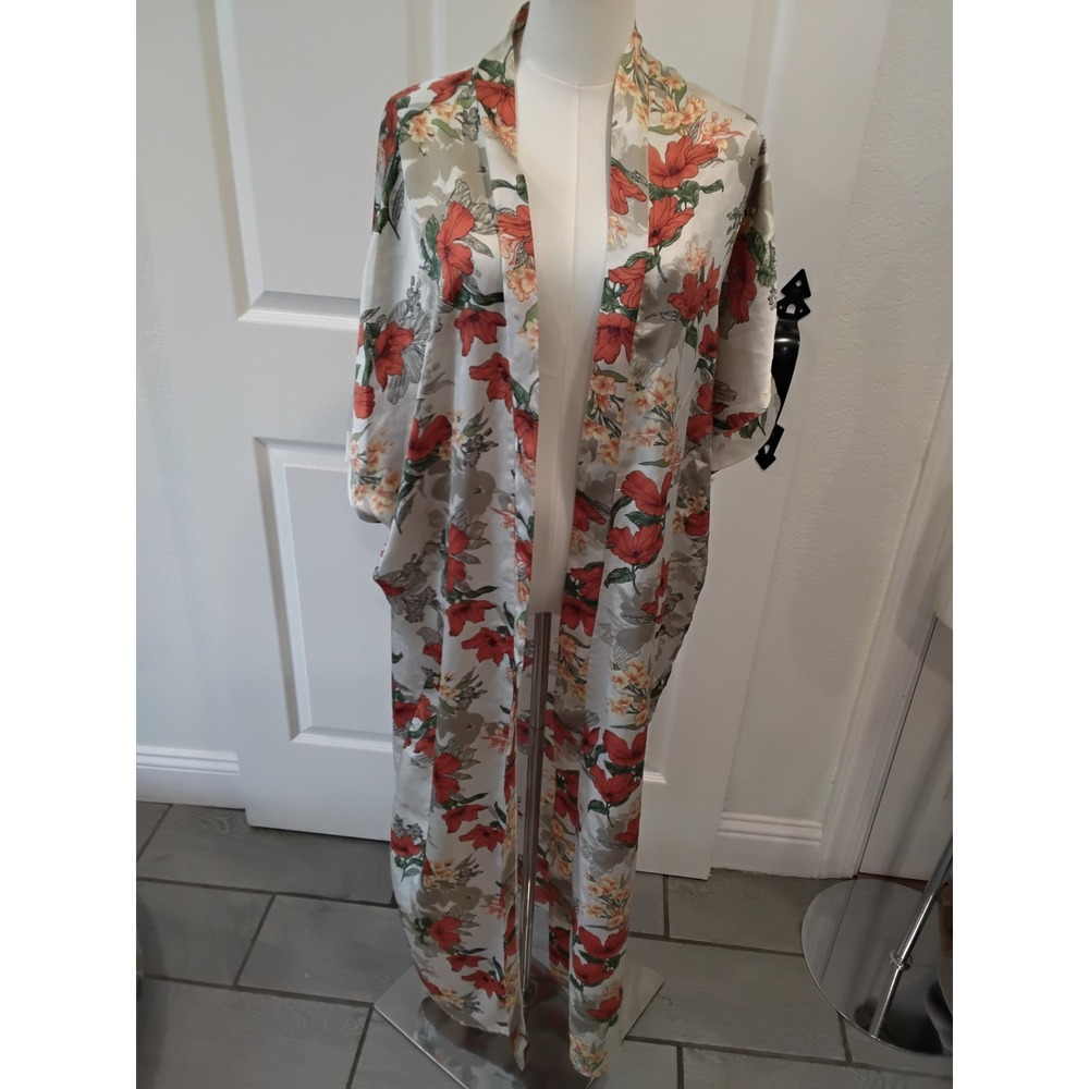 Easel Floral Satin Kimono Duster S Red Cream Tropical Open Front Long Robe Wrap